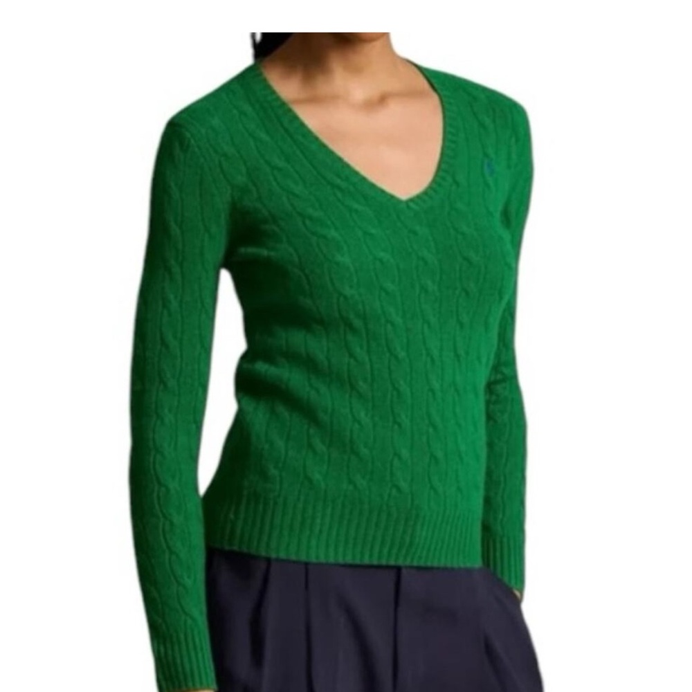 American Eagle sz L Green Cable Knit V-Neck Sweater preppy y2k vintage slim fit